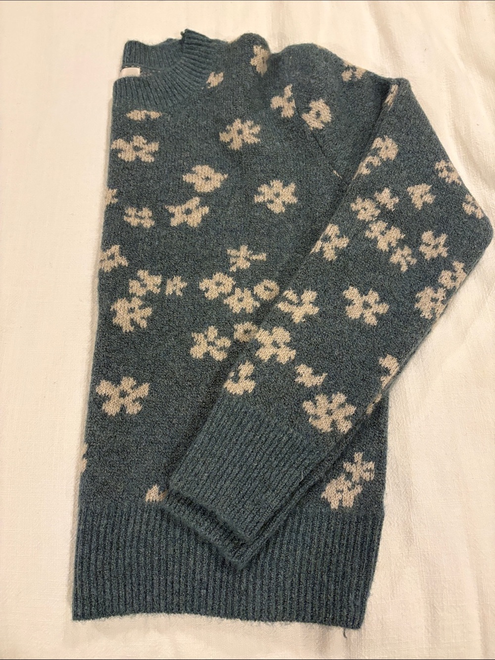 Crewneck Sweater in Teal with Cream Floral Motif